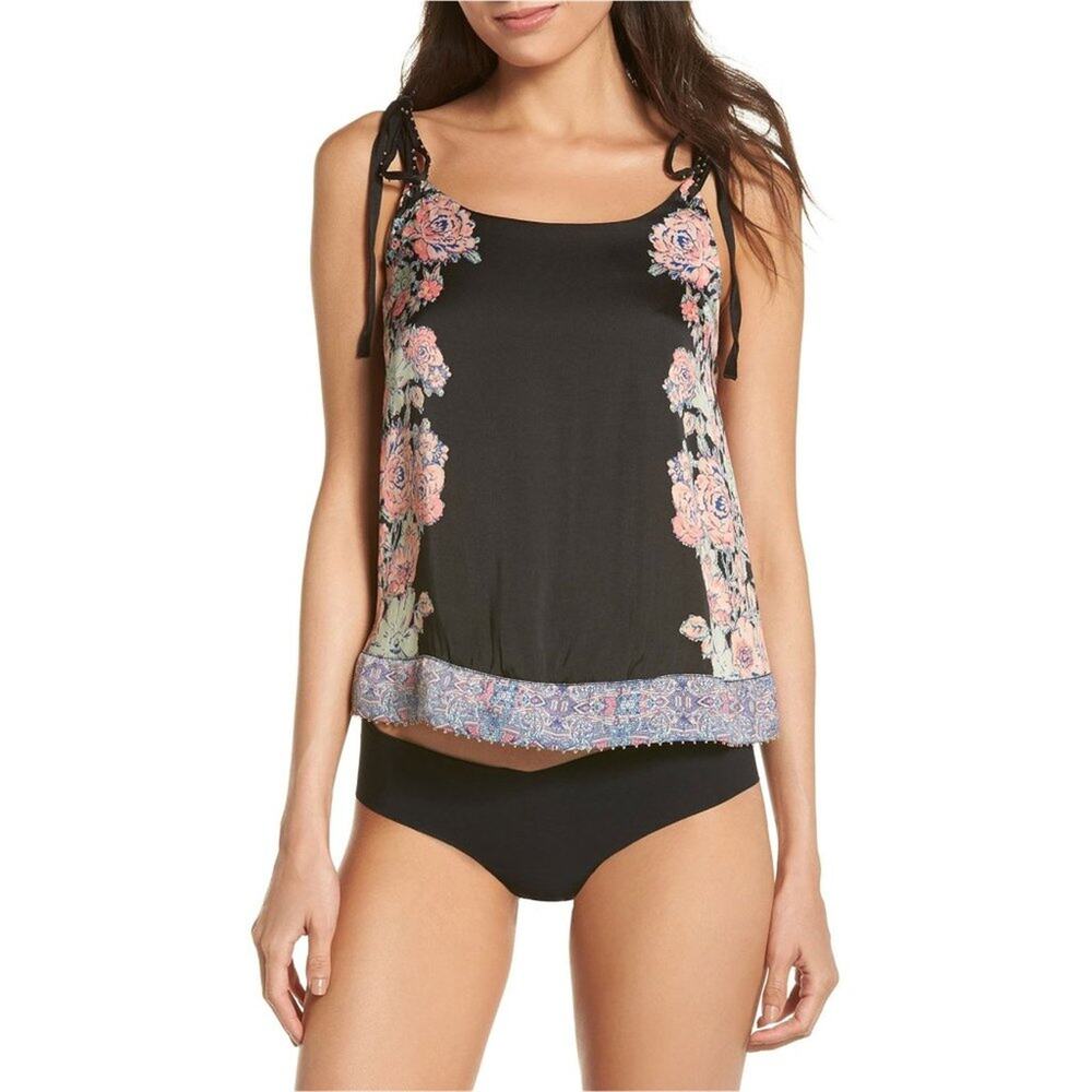 Free People Intimately Move Lightly Black Satin Floral Print Beaded Cami XS